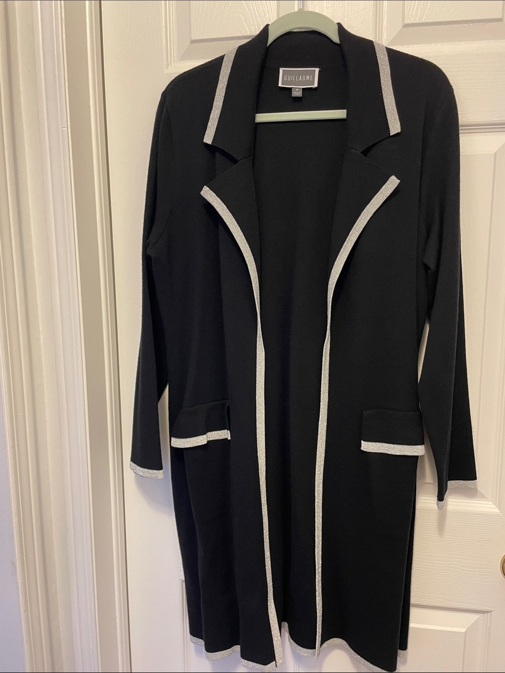 Guillaume Black Knit Open Front Cardigan with Silver MetalicTrim